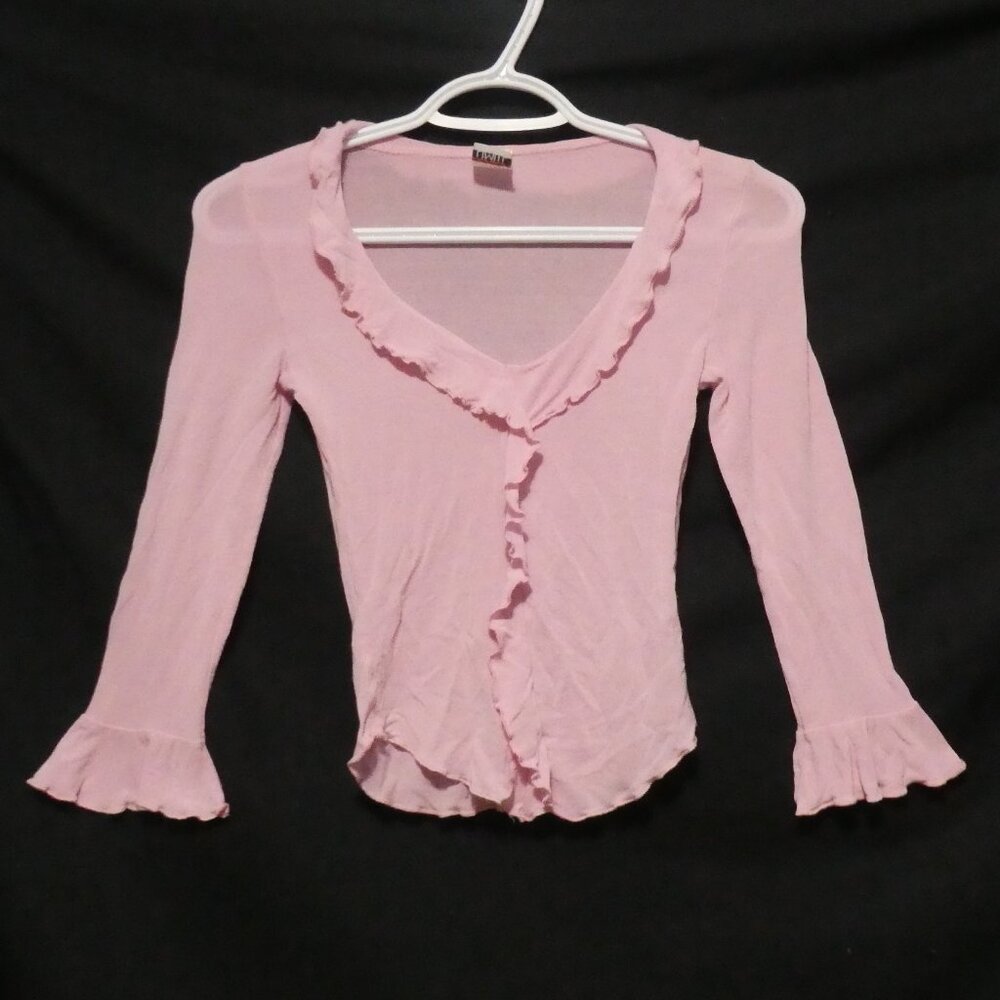 LIMITE | small | Ruffled Pink Long Sleeve V-Neck Blouse